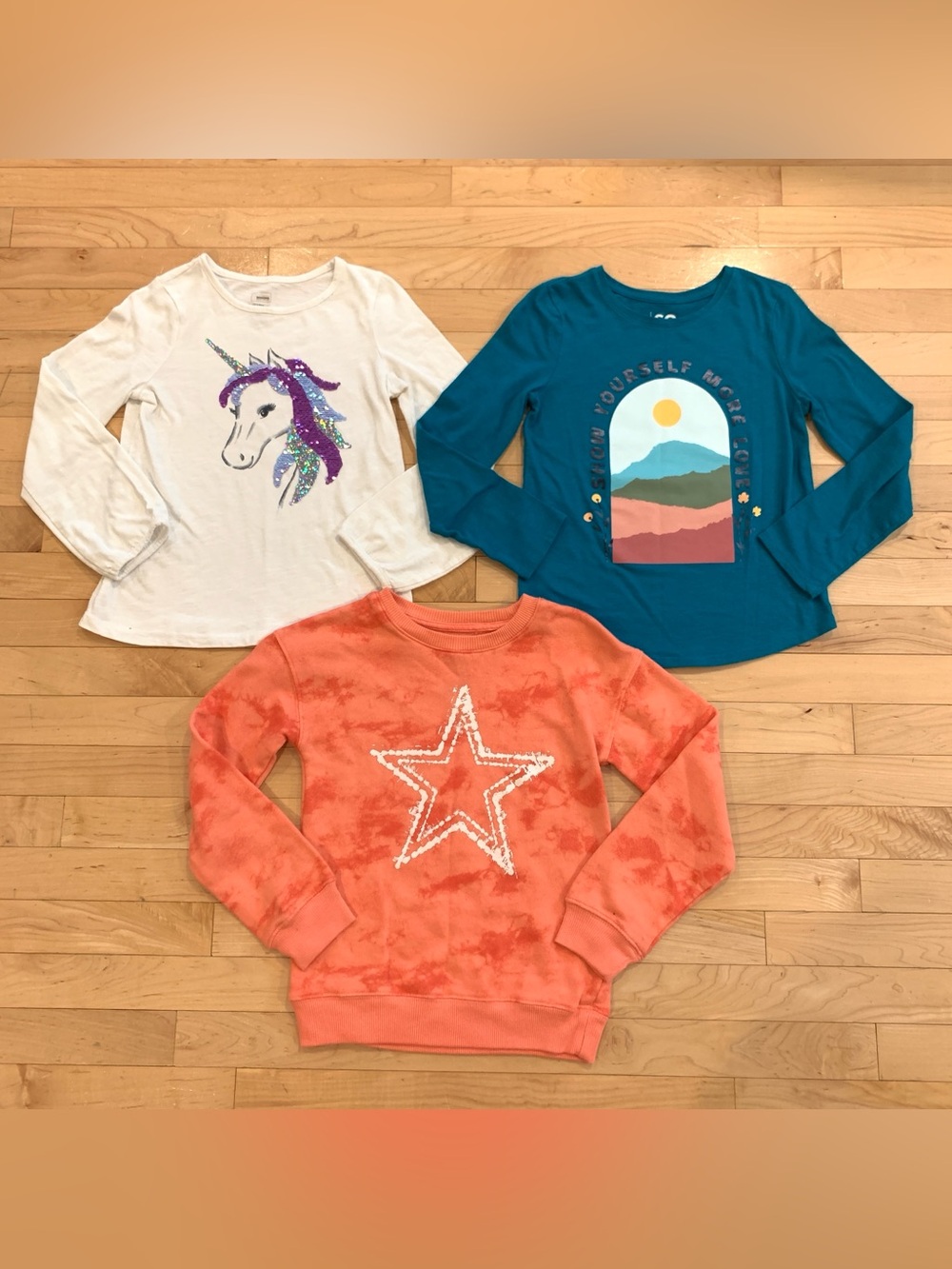 Girls Size 8 Long Sleeve Lot – Unicorn Sequin Tee, SO Graphic Tee & Star Crew